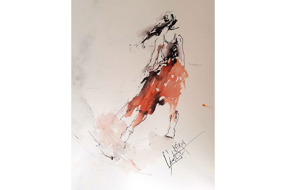 Tänzerin-1,--Aquarell-auf-Bockingford-im-Passepartout,-70x50cm