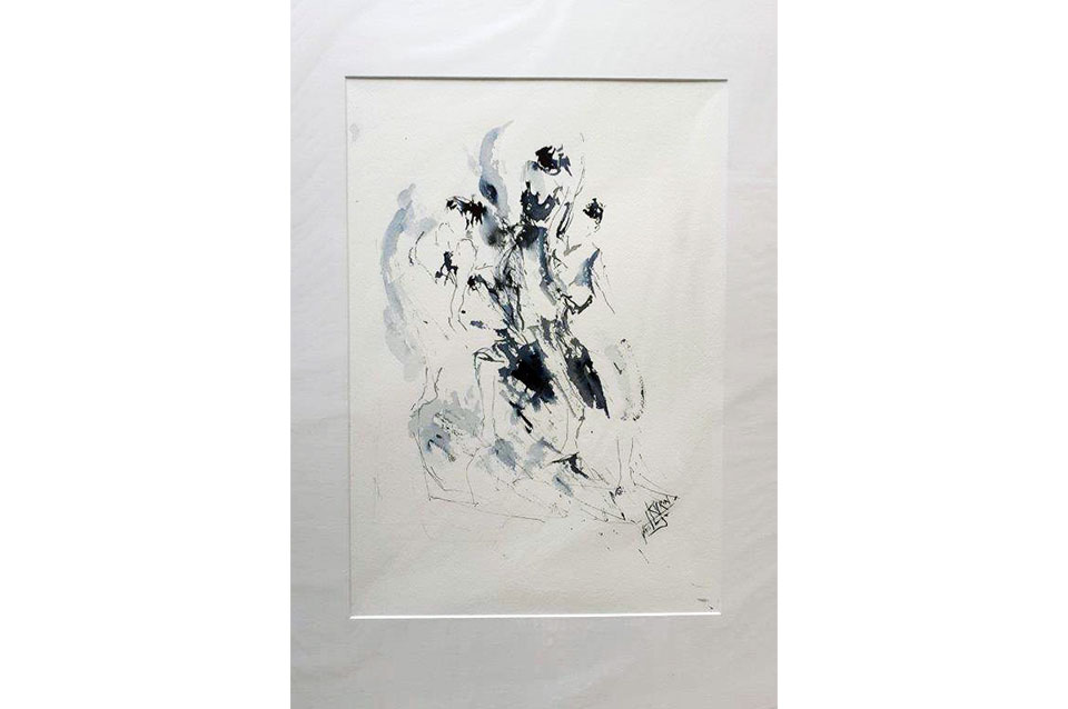 Tänzerin-3,-Tusche-auf-Bockingford-im-Passepartout,-70x50-cm