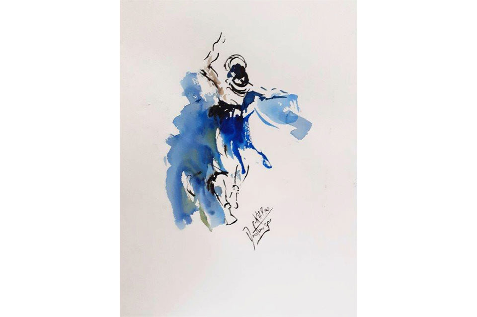 Tänzerin-blau-1,-Aquarell-auf-Bockingford-im-Passepartout,-70x50-cm