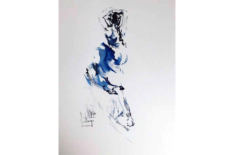 Tänzerin-blau-2,-Aquarell-auf-Bockingford-im-Passepartout,-70x50-cm