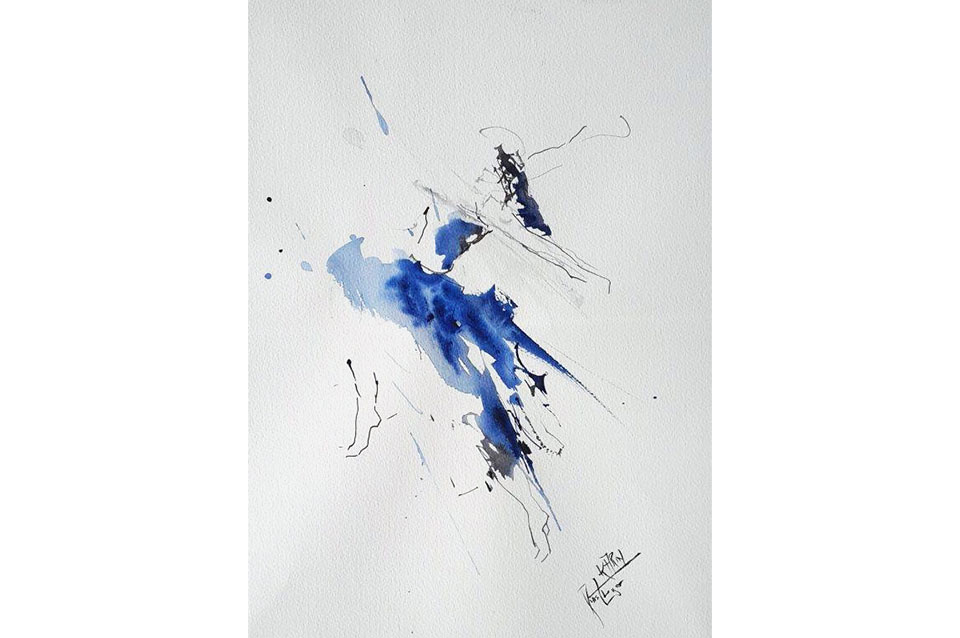 Tänzerin-blau-3,-Aquarell-auf-Bockingford-im-Passepartout,-70x50-cm