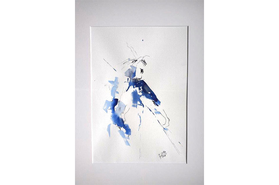 Tänzerin-blau-4,-Aquarell-auf-Bockingford-im-Passepartout,-70x50-cm