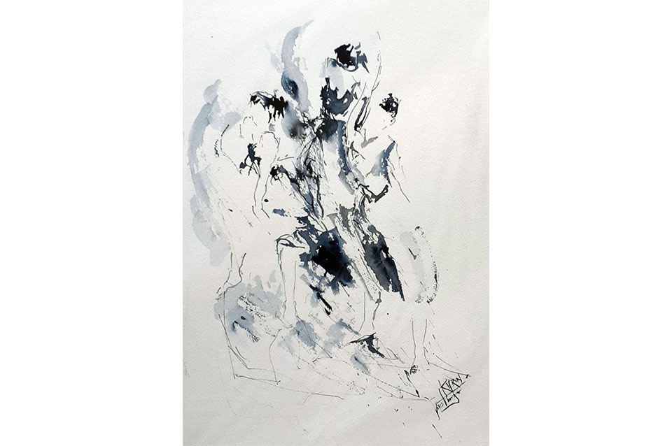 Tänzerinnen,-Tusche-auf-Bockingford,-70x50-cm